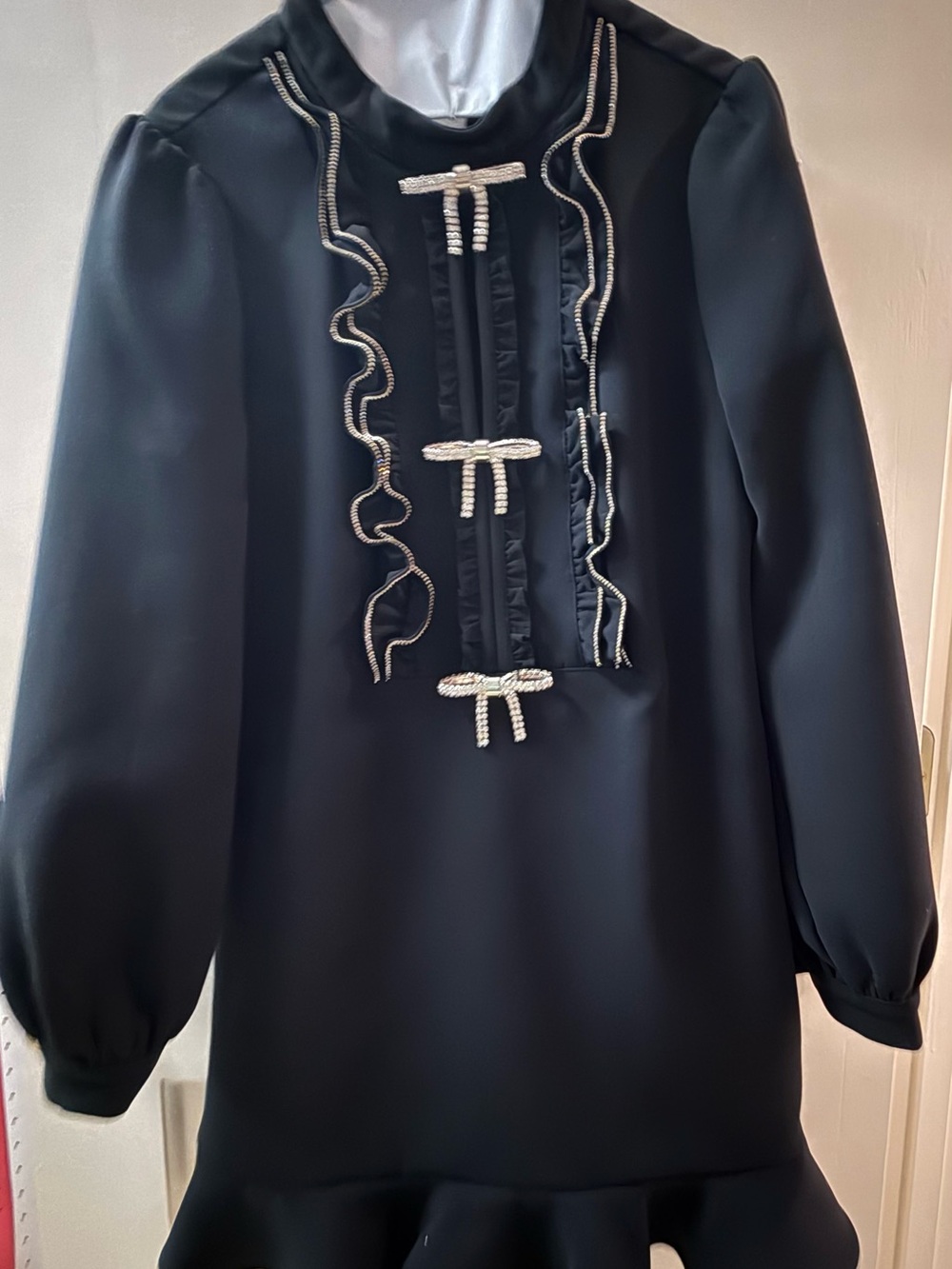 Self-Portrait Black Long Sleeve Dress with Crystal Bow Accents